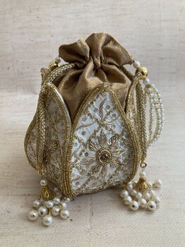 White Handcrafted Raw Silk Potli Bag/Wrist Bag, 3 of 4