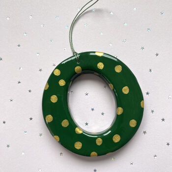 Personalised Handmade Green And Gold Polka Dot Clay Hanging Letter, 5 of 5