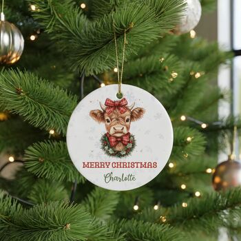 Custom Highland Cow Merry Christmas Ceramic Ornament, 10 of 10