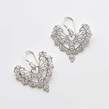 Sterling Silver Dangly Lace Heart Earrings, 3 of 10