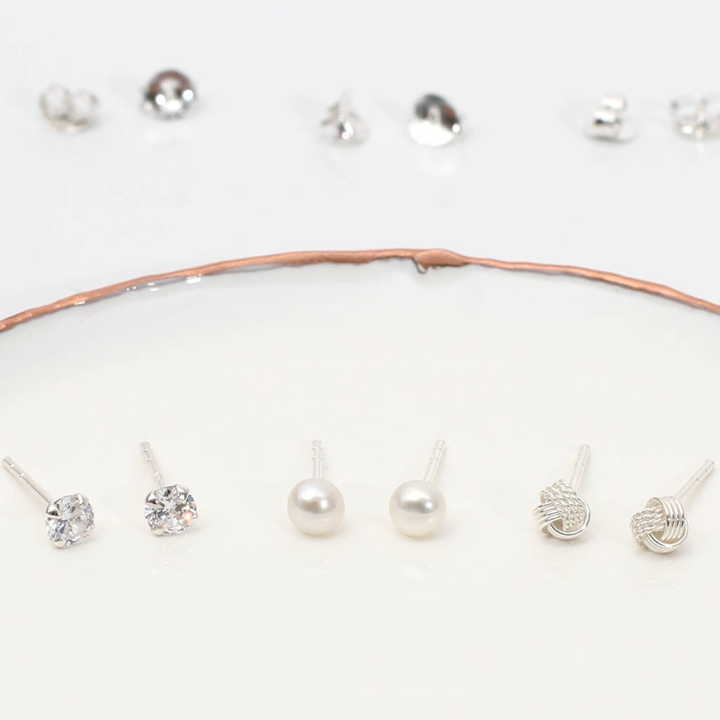 Set Of Three Sterling Silver Stud Earrings, 1 of 9
