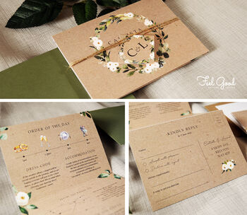 White Floral And Greenery Kraft Wedding Invitation, 2 of 6