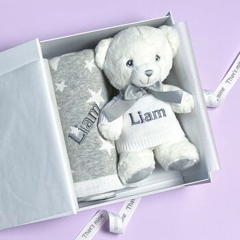 Personalised Grey Stars Blanket And Keeleco Baby Teddy, 4 of 9