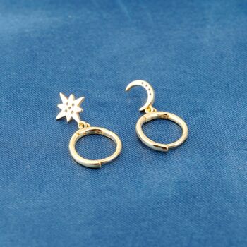 Gold Mismatch Moon And Star Hoop Earrings, Charm Earrings, 4 of 8