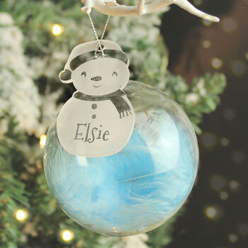 Personalised Snowman Acrylic Blue Feather Bauble, 2 of 2