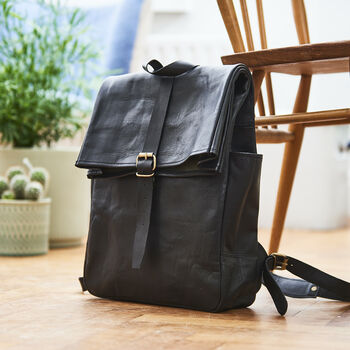 Rolltop Black Leather Backpack, 4 of 4