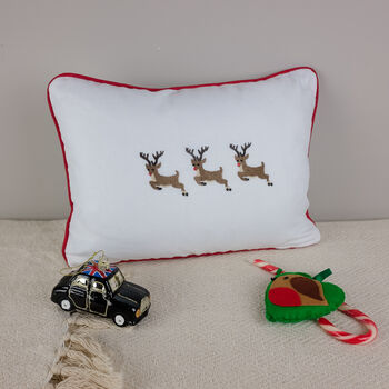 Christmas Themed Reindeer Embroidered Cushion, 5 of 5