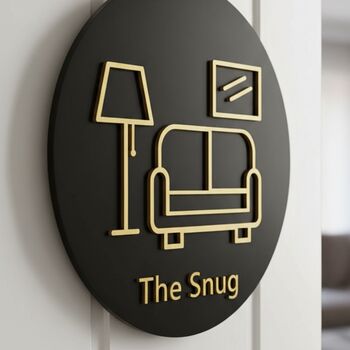 Living Room Door Sign In Matte Black Acrylic With Raised Sofa Design, 5 of 6