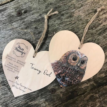 Tawny Owl Bird Wooden Hanging Heart Decoration, 2 of 2