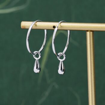 Sterling Silver Droplet Dangle Hoop Earrings, 5 of 11