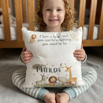 Kids Personalised Safari Bedtime Book Pocket Cushion, 3 of 4