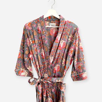 Grey And Pink Flower Block Print 100% Cotton Dressing Gown Kimono, 2 of 4