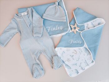 Personalised New Baby Gift Set, Handmade Newborn Blanket And Comforter With Wooden Teether, 2 of 8