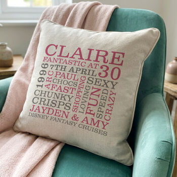 Personalised 30th Birthday Word Art Cushion, 4 of 8