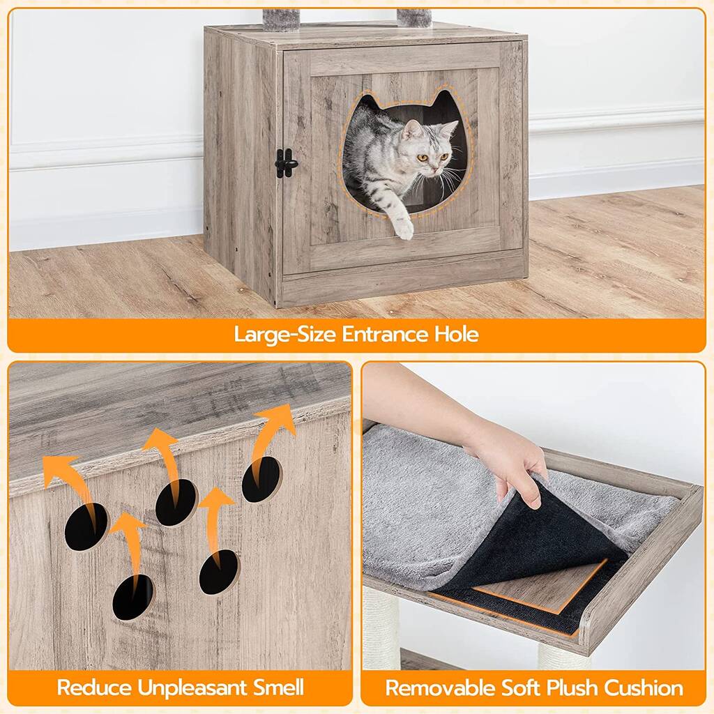 Greige Cat Litter Tray Box With Scratching Posts By Momentum