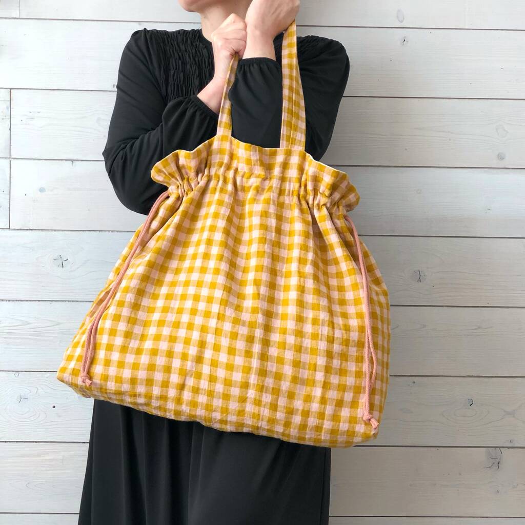Large Linen Tote Linen Gingham Drawstring Market Bag By Kelly Connor