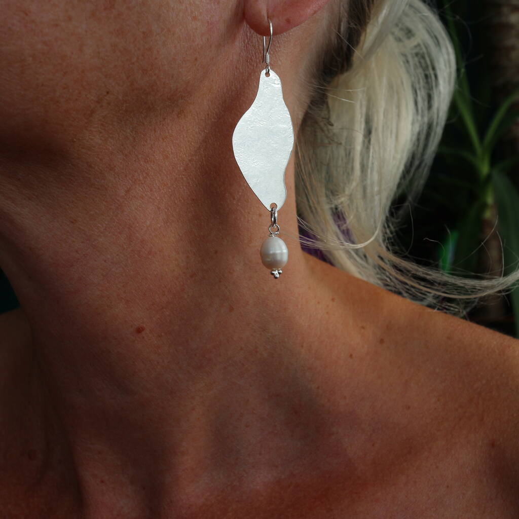Handmade Hammered Silver And Freshwater Pearl Earrings, 1 of 3