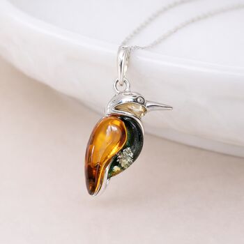 Personalised Sterling Silver Baltic Amber Kingfisher Pendant Necklace, 4 of 10