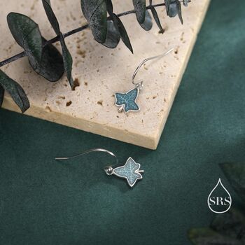 Enamel Ivy Leaf Drop Hook Earrings In Sterling Silver, 5 of 11