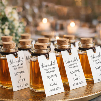 Take A Shot They've Tied The Knot Wedding Favours Personalised Shot Bottle, 9 of 9