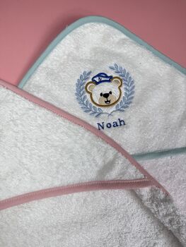 Baby Name Embroidered Bath Towel With Sailor Bear, 2 of 4