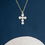 Personalised Tiny Gold Plated Sterling Silver White Seed Pearl Cross Necklace, thumbnail 3 of 10