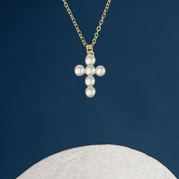 Personalised Tiny Gold Plated Sterling Silver White Seed Pearl Cross Necklace, 3 of 10
