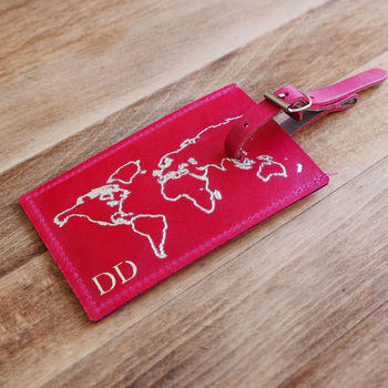 Embossed World Map Personalised Leather Luggage Tag, 7 of 9