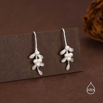 Sterling Silver Pearl Mistletoe Drop Hook Earrings, 3 of 11