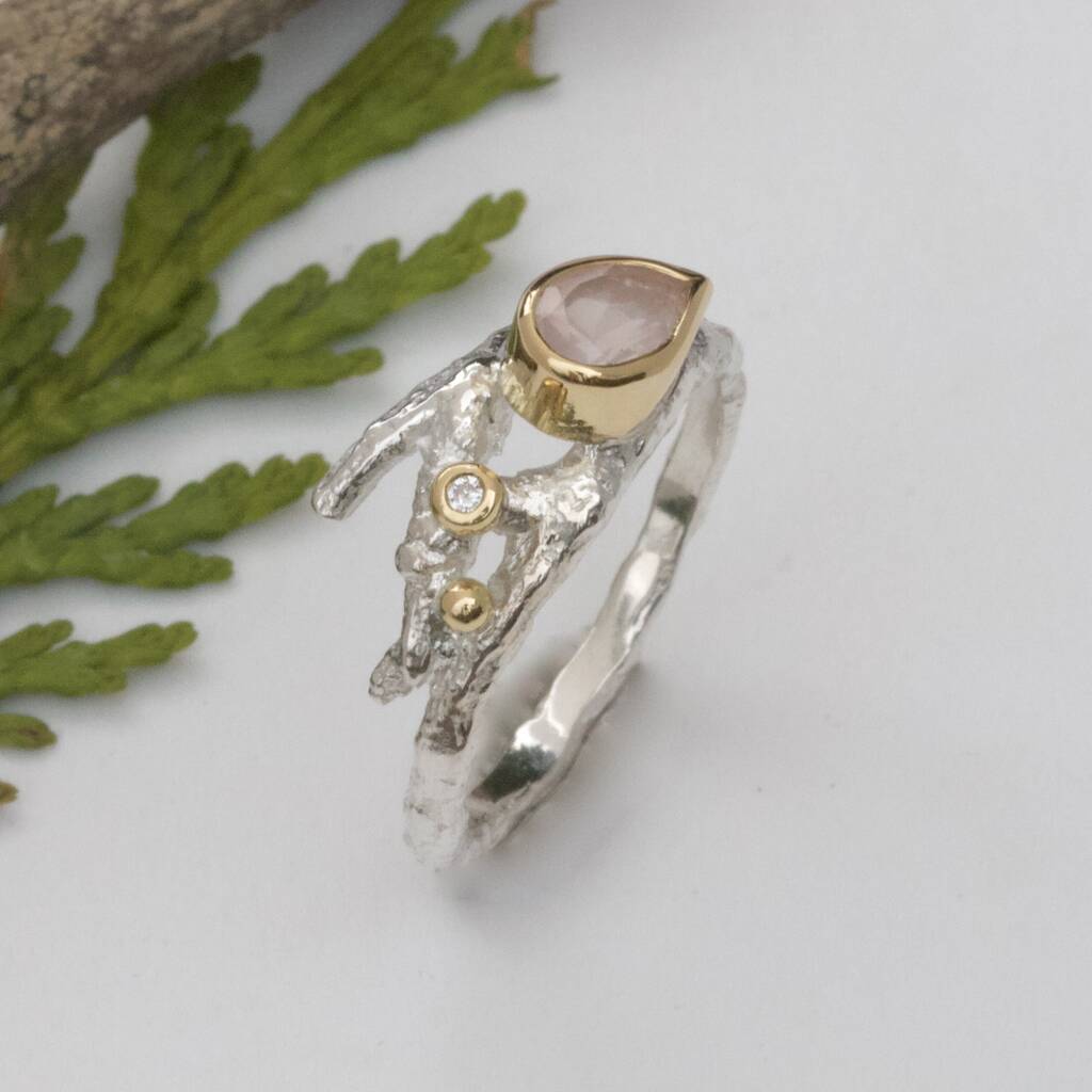 Rose Quartz And Diamond Elvish Twig Nature Ring, 1 of 11