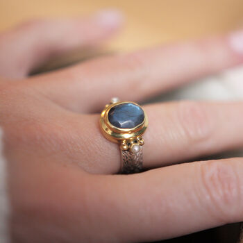 Brass And Sterling Silver Labradorite And Pearl Ring, 2 of 7