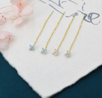 Sterling Silver Tiny Hydrangea Flower Cz Threader Earrings, 2 of 12