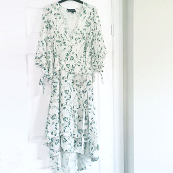 Anna Linen Blend Wrap Dress With Leaf Print, 5 of 9