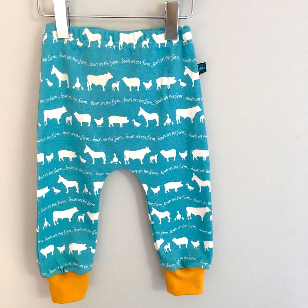 blue farm baby leggings, farm animals leggings by maebelle & bo