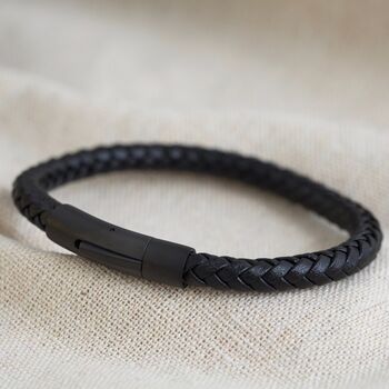 Men's Black Leather Bracelet With Matte Black Clasp, 2 of 6