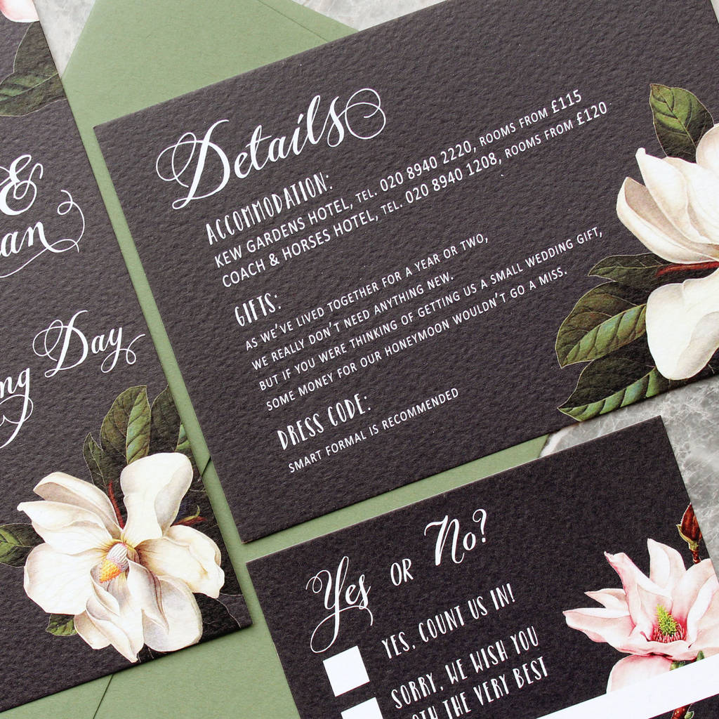 black magnolia wedding invitation suite by vanilla retro