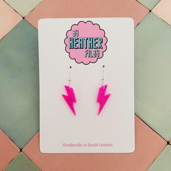 Neon Pink Glitter Lightning Bolt Earrings Small And Large, 4 of 10