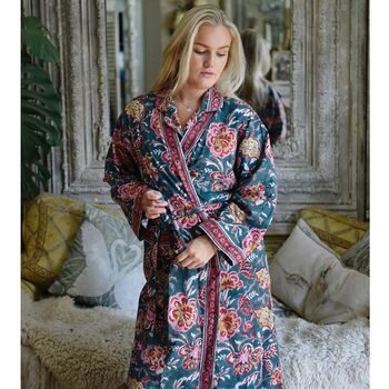 Block Printed Pine Green, Red And Mustard Floral Cotton Dressing Gown, 3 of 5