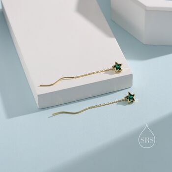 Emerald Green Star Bezel Cz Crystal Threader Earrings, 6 of 10