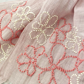 Hand Embroidered 100% Linen Scarf In Pale Pink With French Knot Flower Details, 3 of 4