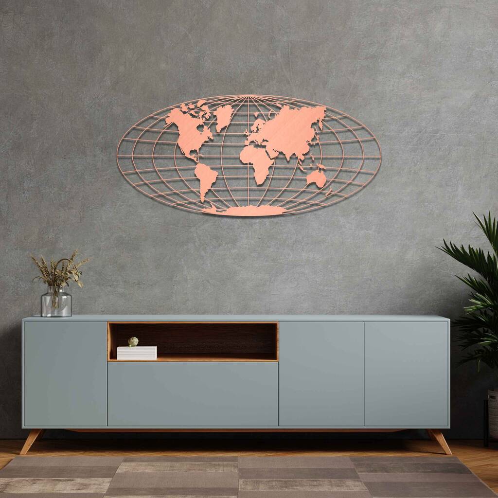 Round Wooden World Map Wall Art Geometric Globe Decor, 1 of 10