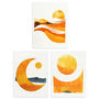 Set Three Wall Art Prints A4 Sun And Moon Amber Gold Modern, thumbnail 1 of 7