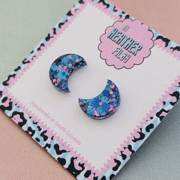 Moon Glitter Resin Stud Earrings Purple And Blue, 4 of 8
