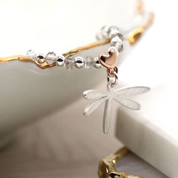 Silver Plated Dragonfly Bracelet With Rose Gold Heart, 2 of 3