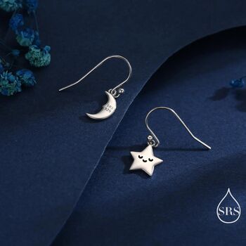 Extra Tiny Kawaii Star And Moon Dangle Drop Hook Earrings In Sterling Silver, 2 of 12