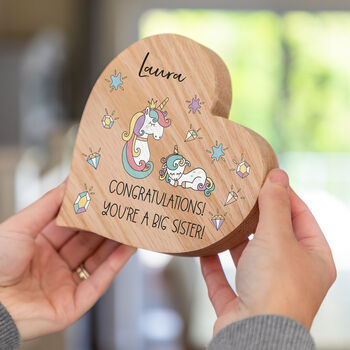 Personalised Oak Heart Unicorn Congratulations You're A Big Sister Gift, 4 of 4