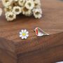 Mismatched Enamel Daisy And Robin Bird Stud Earrings In Sterling Silver, thumbnail 3 of 10