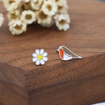Mismatched Enamel Daisy And Robin Bird Stud Earrings In Sterling Silver, 3 of 10