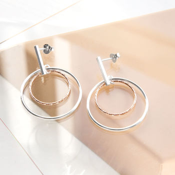 Silver And Rose Gold Plated Twin Ring Stud Earrings, 2 of 4