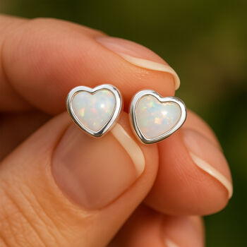 Sterling Silver Heart Opal Stud Earrings, 2 of 8
